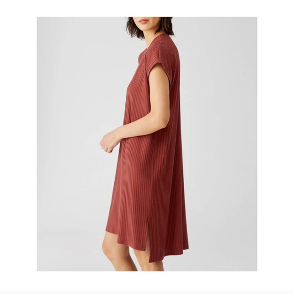 Eileen Fisher Terracotta Textured Stretch Rib Crew Neck Dress, M - Picture 2 of 12